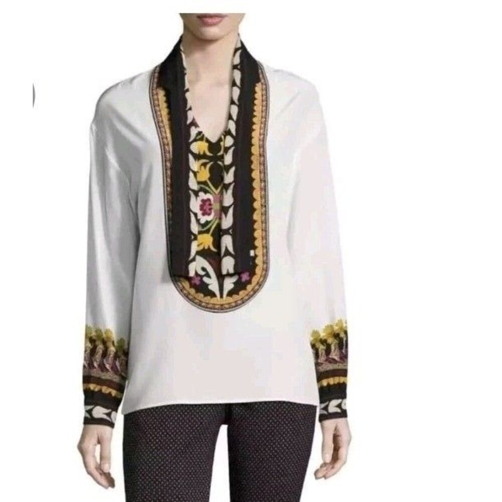 Etro Lhamu Suzani Print Silk Blouse Long Sleeves Creme Size 42